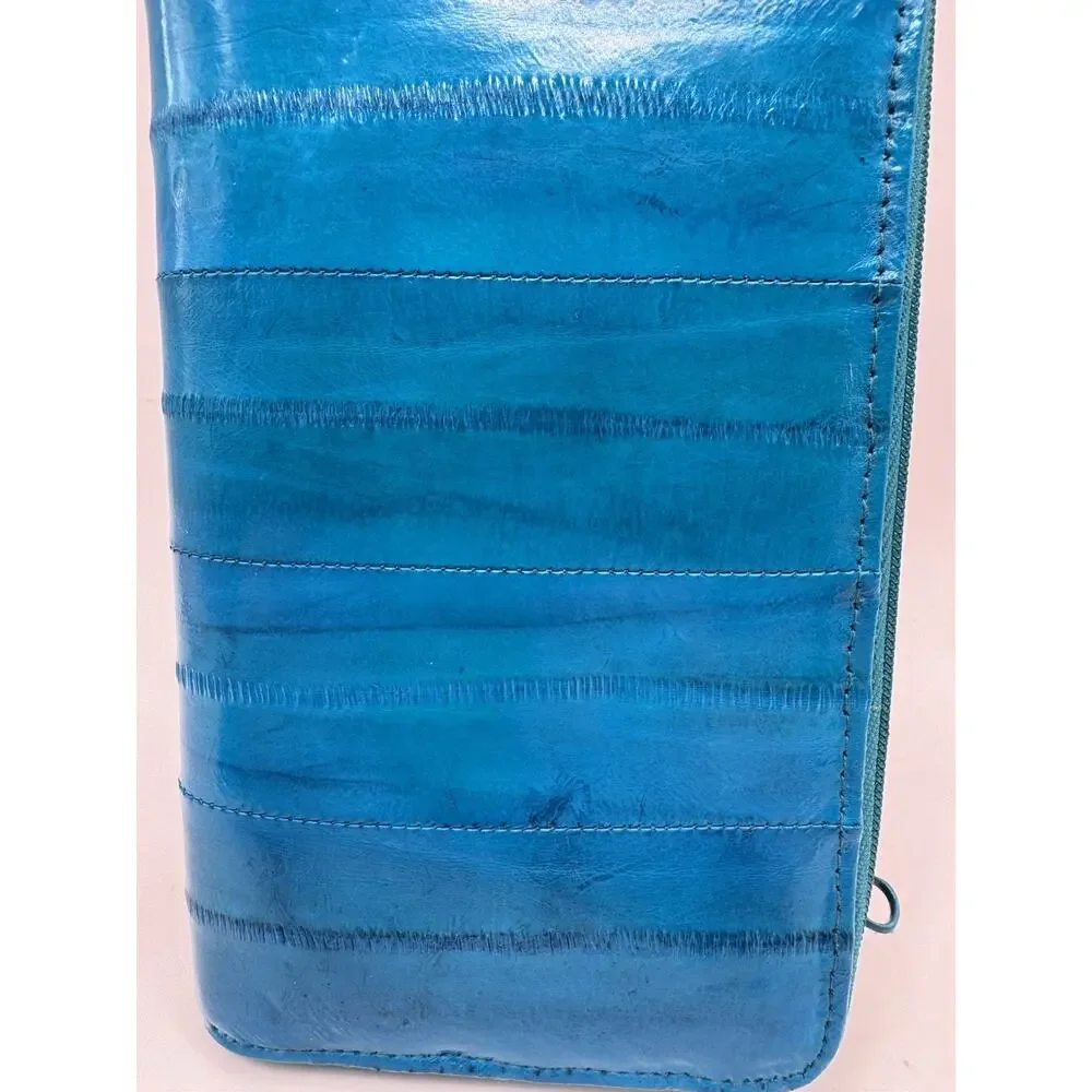 Eel Skin Leather Wallet Turquoise Blue Organizer Clutch + Keychain Vintage Teal - Picture 9 of 15